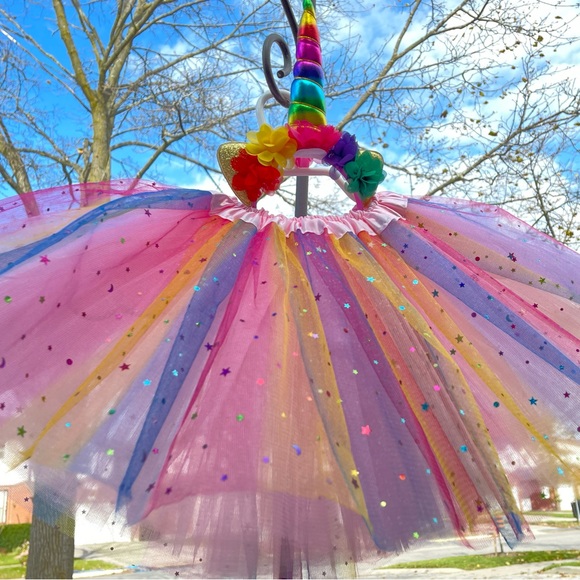 2 pcs set NEW Unicorn tutu hair band set 4 fully layer sparkle rainbow tutu - Picture 4 of 6